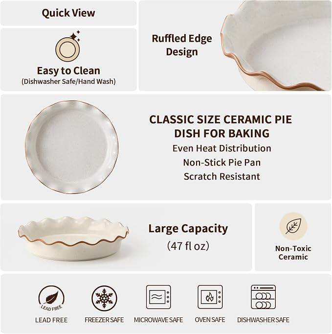 SIDUCAL Pie Pan for Baking 10.5 inch,NonStick Reusable Ceramic Pie Plate with Ruffled Edge,Dishwasher and Oven Safe,Deep Dish Pie Pan for Apple Pie,Quiche,Pot Pies, Tart, etc（White）
