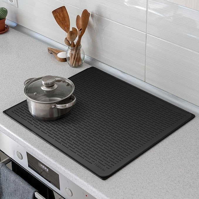 YUHFERA Stove Top Cover for Electric Stove - Silicone Stove Mat for Glass Top, Glass Cooktop Protector, XL Dish Drying Mats For Kitchen,Oven Covers for Electric Stove (Black,30 x 21)