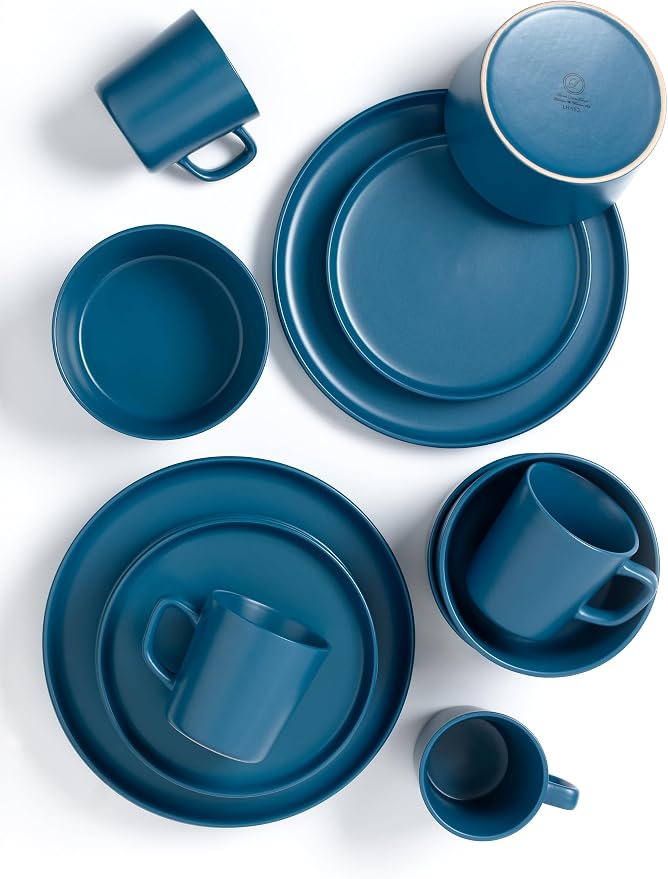 Lorren Home Trends Blue Stoneware Dinnerware Set, 16 Piece, Service for 4, Microwave and Dishwasher Safe