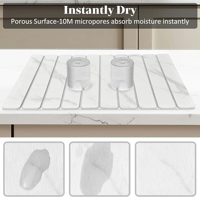 Large Stone Dish Drying Mats for Kitchen Counter, 24"(L)×16"(W) Marble-Pattern Dish Drying Mat, Eco-Friendly Absorbent Diatomaceous Earth Mats for Dishes Bottles Cups, Match Any Countertop