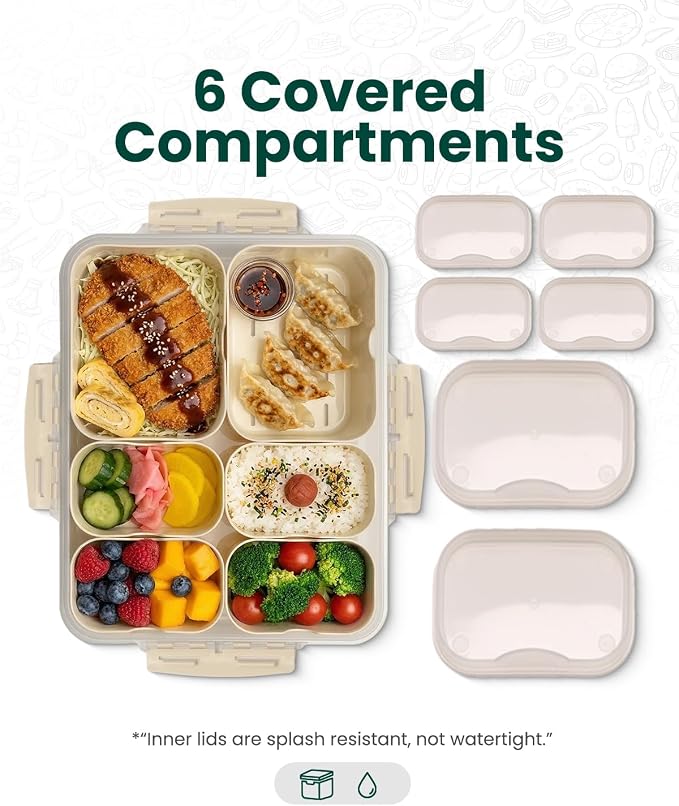 GIRAFFYCO Creamy White Snackbox with Drain Compartment, Portable Snackle Box w/Insulated Carry Bag & Reusable IcePack, 6 Removable Compartments (2 Large + 4 Small) w/Individual Lids, BPA‐Free