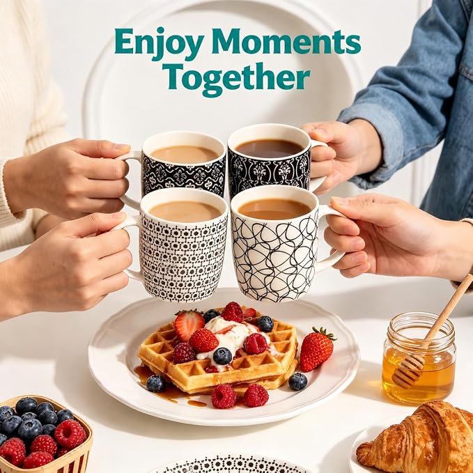 Okllen 6 Pack 11.5 Oz Coffee Mugs Geometric Textured, Ceramic Coffee Mugs Stylish Tea Cup Mugs Set Gift for Latte, Cappuccino, Milk, Water, Cocoa, Cereal, Black and White