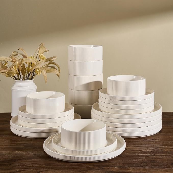 24-Piece Plates and Bowls Set, Porcelain Dinnerware Sets for 8 Service, Modern Dish Set-Chip and Scratch Resistant, Dishwasher & Microwave Safe, Creamy White