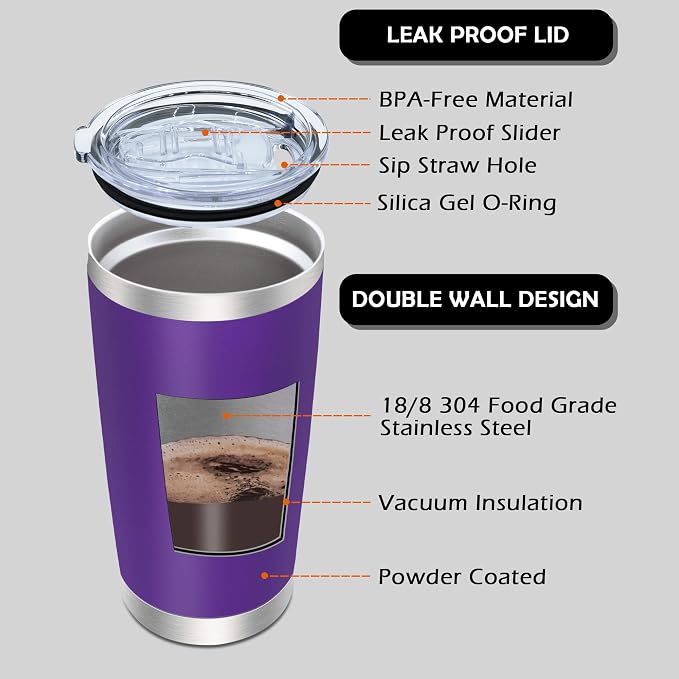 AIANJI 20oz Tumbler Bulk Stainless Steel Tumblers with Lid Vacuum Insulated Double Wall Travel Coffee Mug Powder Coated Tumbler Cup for Hot and Cold Drinks(Purple, 6 pack)