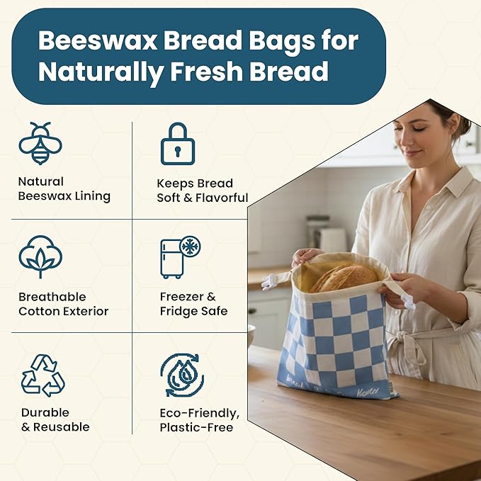 3-Pack Reusable Beeswax Bread Bags (XL, M, S) - Organic Cotton Beeswax Bread Storage Bag for Homemade Bread & Sourdough Freezer-Safe, Breathable & Freshness Support - Eco-Friendly Bread Bag