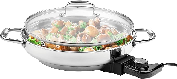 CucinaPro Electric Skillet, 18/10 Stainless Steel Pan, Tempered Glass Lid | Frying Pan with Top and Handles, 12" Round, Adjustable Temperature Control Knob, Portable with Recipes, Large Family Meals