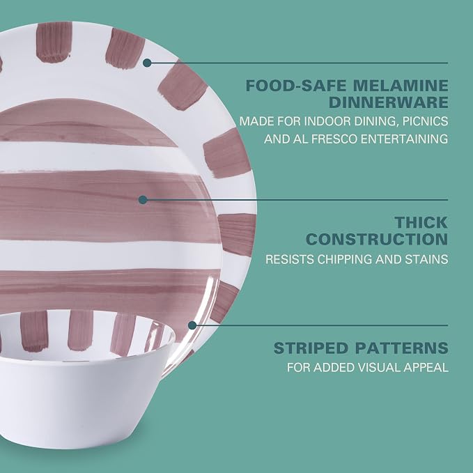 Gibson Home Cottage Stripes 12-Piece Melamine Plates and Bowls Dinnerware Set - Outdoor, Camping, & Everyday Use - Assorted Colors