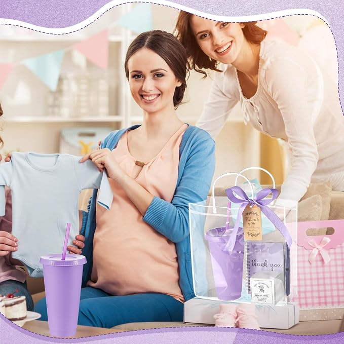 Nuogo 6 Sets New Parent Shower Prizes for Player Winners Adult, Wedding Bridal Shower Gift, Plastic Tumbler Notebook Scented Candle Ballpoint Pen Bag (Purple Color,Classic Style)