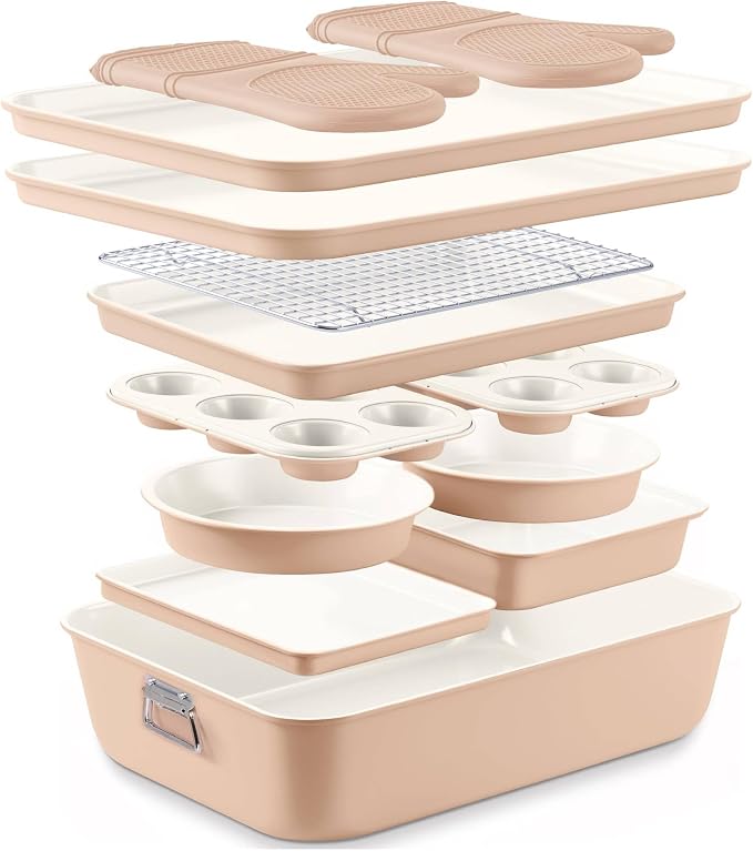 Country Kitchen Nonstick Stackable Bakeware Set - Deluxe Heavy Duty, Durable, Easy Release Baking Set, Taupe, 13 Pcs with Handles