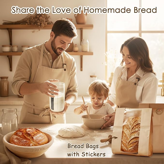Kikcoin 13 PCS Sourdough Starter Kit with Round & Oval Banneton, Sourdough Bread Baking Supplies with Handmade Baskets, Bread Proofing Basket with Starter Jar, Bread Making Tools Kit for Beginners