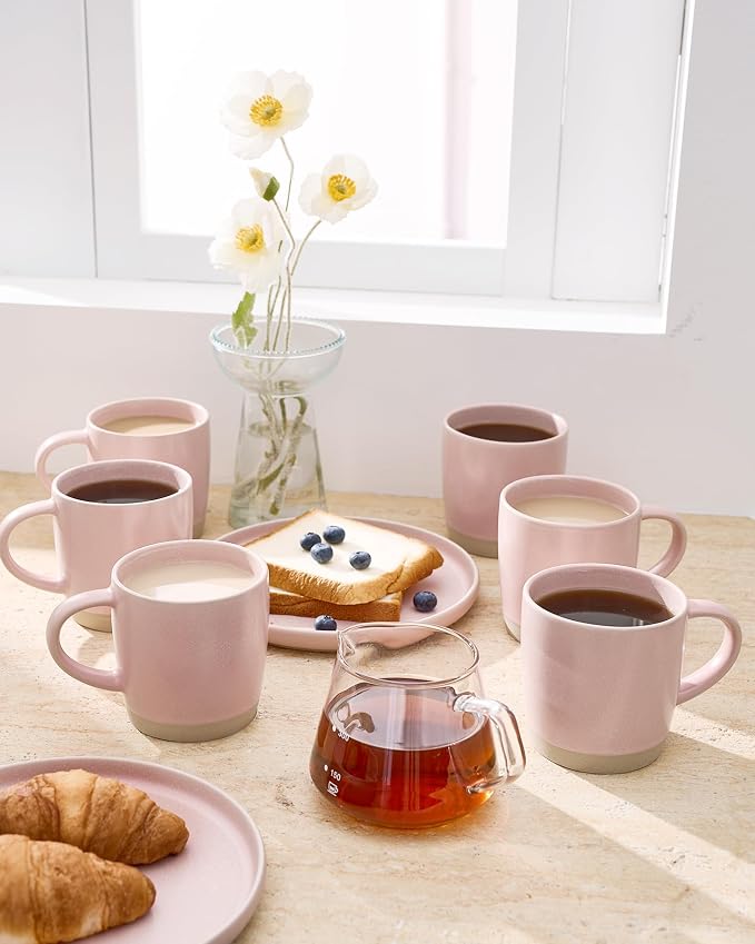 famiware Coffee Mugs Set of 8, Milkyway 13 oz Mug Set, Ceramic Cup Set with Handle for Coffee, Tea, Cocoa, Milk, Light Pink