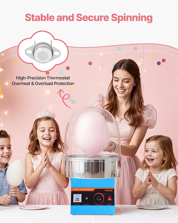 VEVOR Electric Cotton Candy Machine, 1000W Commercial Floss Maker With Cover, Commercial Cotton Candy Machine w/Stainless Steel Bowl & Sugar Scoop, Ideal for Carnival, Birthday, Family Party, Blue