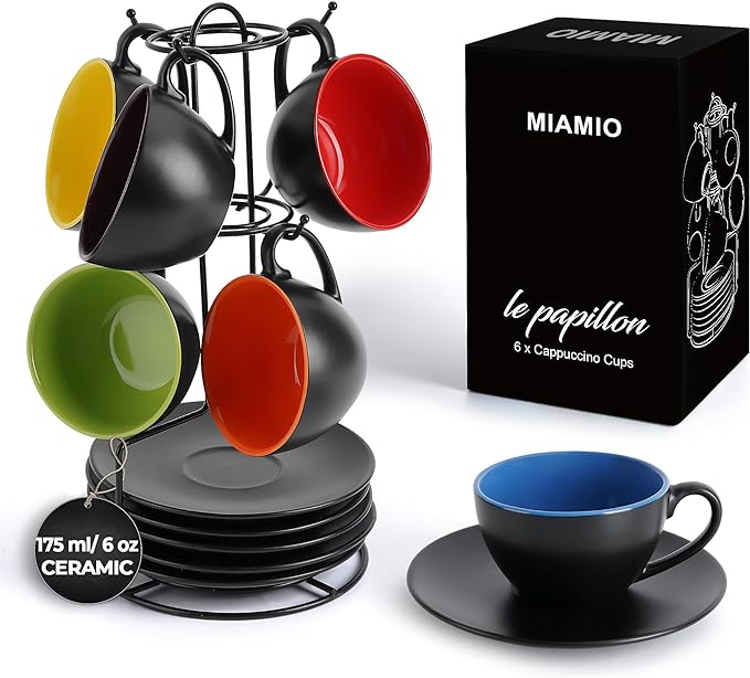 MIAMIO - Set of 6, Ceramic Stackable Cappuccino Cups Set / 6 Ounce Cappuccino Mugs and Saucer with Metal Stand for Coffee Drinks, Cafe, Latte, Americano and Tea - Le Papillon Collection (Mixed)