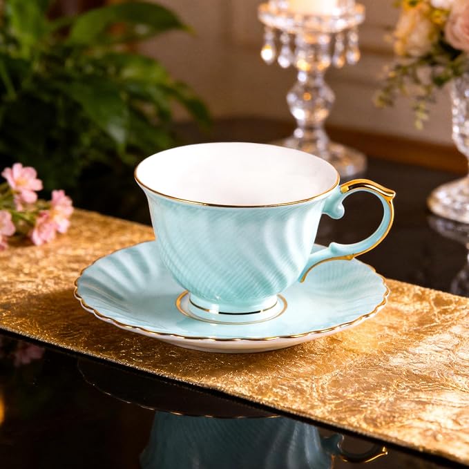 KAMMAK Tea Cups and Saucers Set of 2, Fine Bone China Coffee Cups, Stackable Espresso Mugs, Ceramic Demitasse for Coffee, Cappuccino, Latte, Americano, Tea, Sea Treasure (White + Blue)