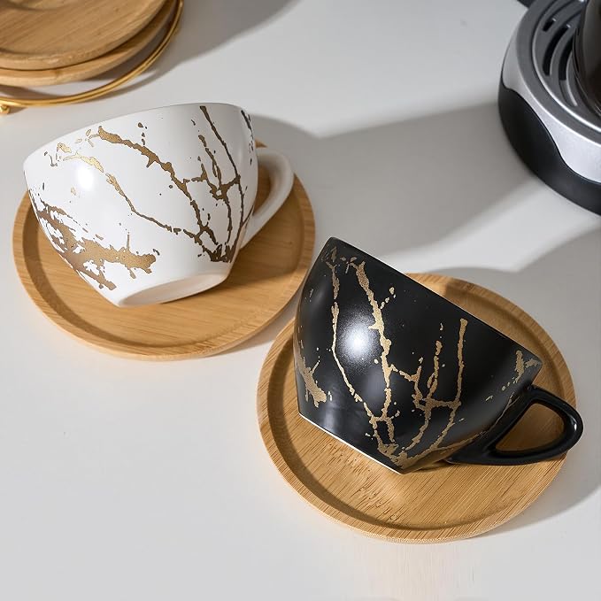 LUKA Ceramic Demitasse Espresso Cups Set with Saucers and Metal Stand, 8 oz Porcelain Stackable Cappuccino Cups Teacup For Tea, Espresso, Latte, Coffee, Cafe Mocha, Set of 4, White & Black