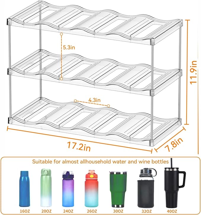 Yieach 3 Tier Waterbottle Organizer for Cabinet - Large Compartment Stackable Water Bottle Holder and Wine Bottle Rack,Acrylic Water Bottle Organizer Rack for 40 oz Stanley Cup,Yeti and Tumbler Shelf