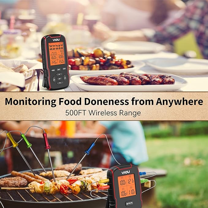 YIOU Wireless Meat Thermometer for Cooking, Digital Meat Thermometer with 4 Probes, 500FT Ultra Accurate & Fast Food Thermometer for Oven, Smoker, Red
