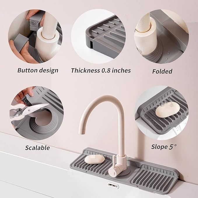 Folding Faucet Mat for Kitchen Sink Upgraded Premium Silicone Splash Guard with Fast Drying Properties Protective Sink Tray Ideal for Stone Sinks in Kitchen & Bathroom (Gray, 23.8"x5.5")