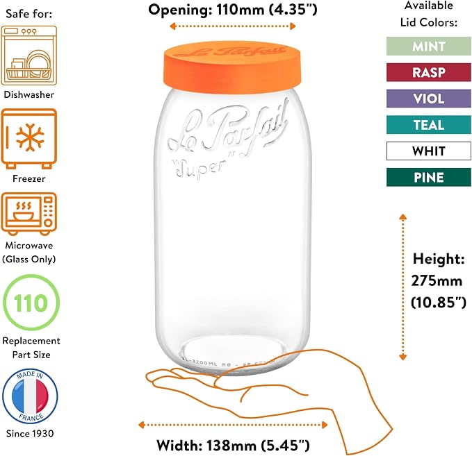 Le Parfait Eco-Friendly Zero Waste Wide Mouth Glass Jar with Airtight Screw Top Lid - Reusable French Storage Jar for Food, Soup, Flour, Sugar, Canning & Baking (3L/96oz, 3 Pack, Violet)