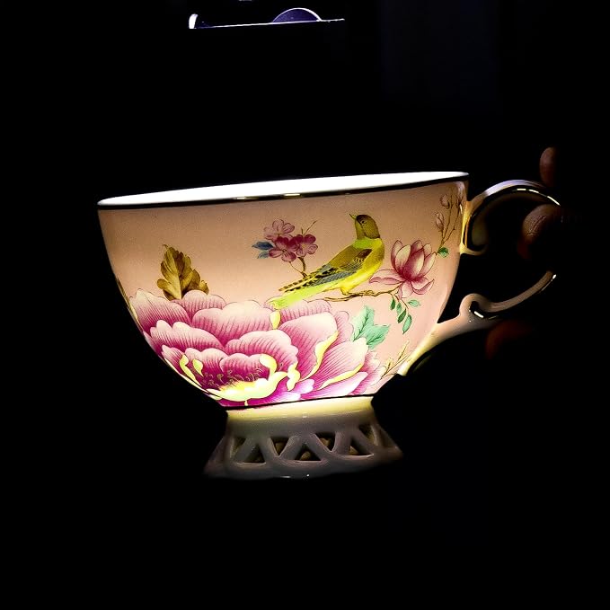 KAMMAK Tea Cups and Saucers Set of 2, Fine Bone China Coffee Cups, Stackable Espresso Mugs, Ceramic Demitasse for Coffee, Cappuccino, Latte, Americano, Tea, Blooming Flowers (Blue + Pink)