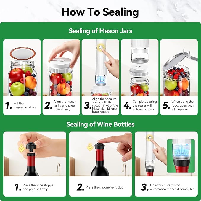 Vacuum Sealer for Food (Compact Vacuum Sealer Machine + 30 Reusable Vacuum Bags+ 30 Mason Jar Lids), Powerful Handheld Food Sealer, Seal Meal Saver