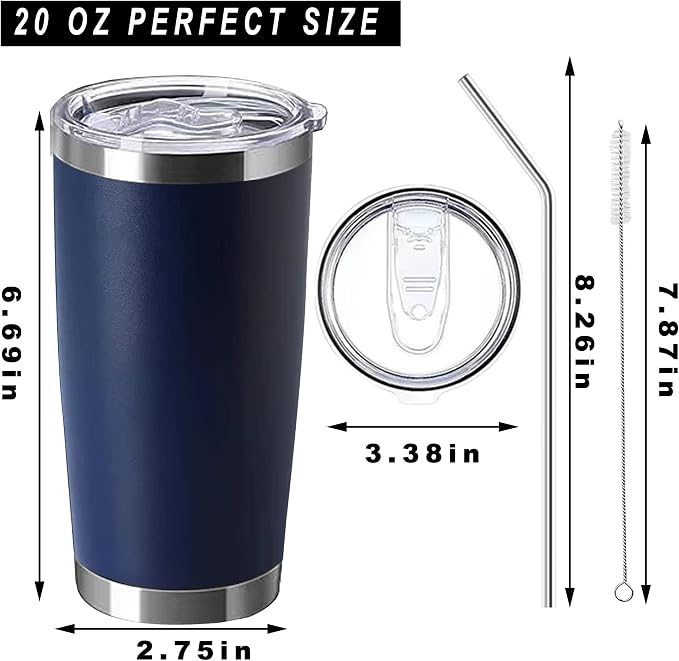 20oz insulted tumblers stainless steel cup Tumbler Bulk with push Lid, and metal straw powder coated coffee cup for cold and hot drinking (48, navy blue)