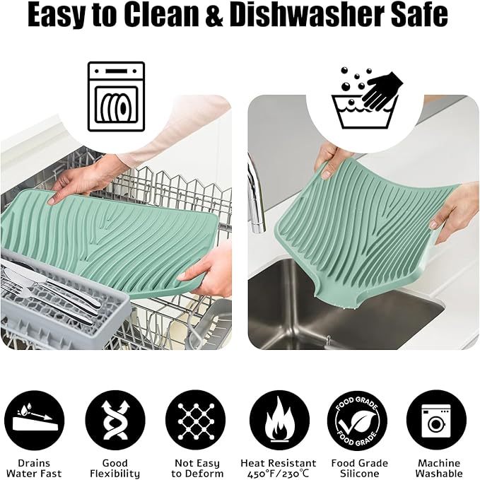 TIKNIK Silicone Dish Drying Mat, Stone Drying Mat for Kitchen Counter with Built-In Drain, Non-Slip Drain Pad with Built-in Drain, Heat Resistant Stone Drying Mat, Hangable, Mint-1pcs, 20" x 15"