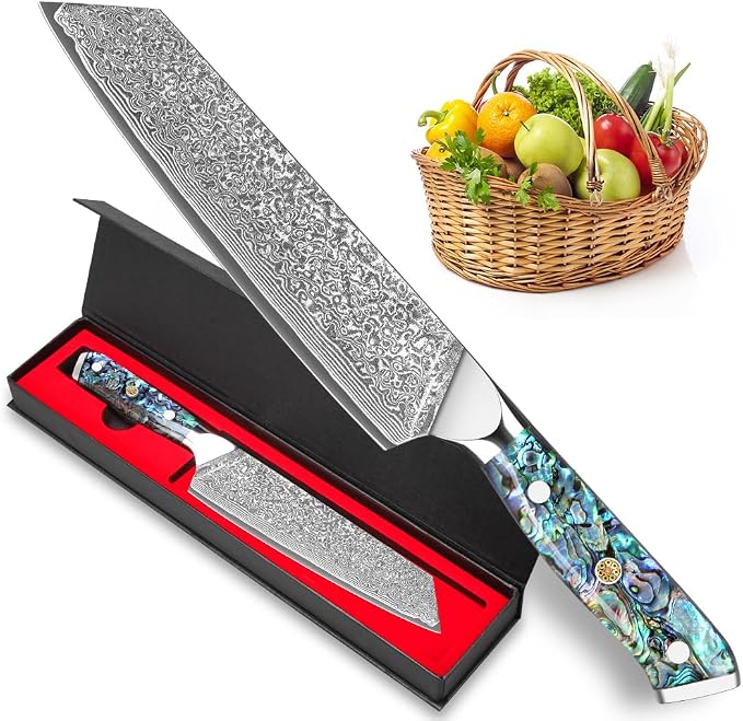 KEENZO Damascus Kiritsuke Knife 8 inch, Professional Chef Knife, Sharp Hand-Forged Kitchen Knives,Japanese 67-Layers Damascus Steel Cooking Knife,Ergonomic Abalone Shell Ressin Handle with Gift Box
