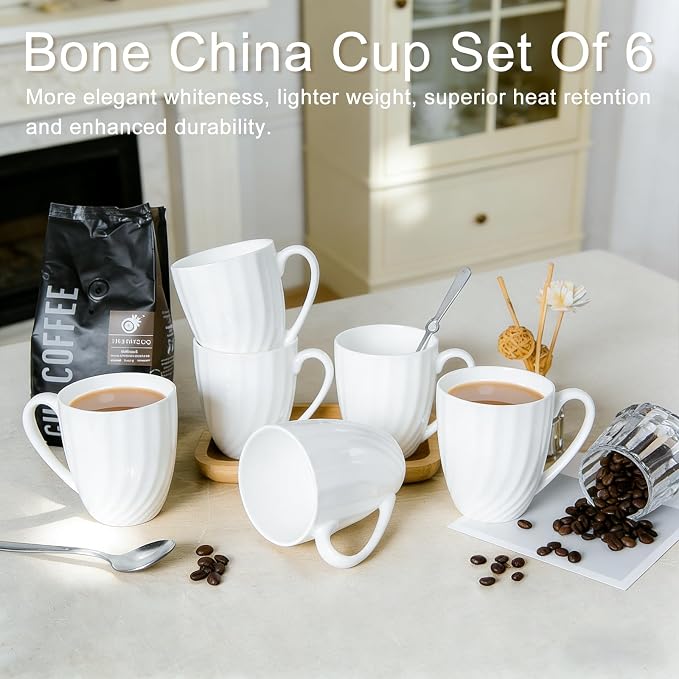 Fine Bone China White Coffee Mugs Set of 6 (12 oz), Ceramic Spiral Pattern Tea Cups, Thin China Coffee Cups, Lightweight Coffee Mugs for Hot Chocolate, Latte, Cappuccino