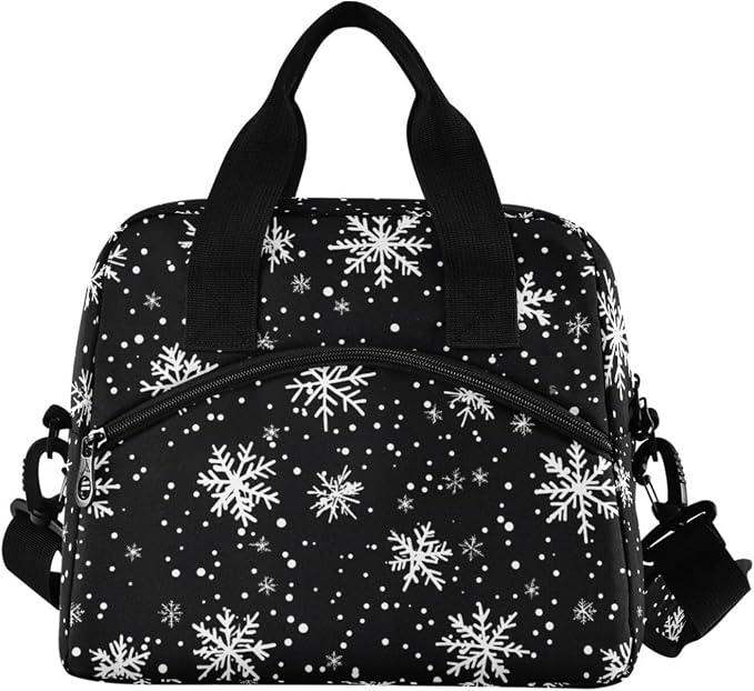 OREZI Reusable Lunch Bag for Girls Boys Women Men,White Snowflakes Black Lunch Box Container with Detachable Shoulder Strap,Insulated Lunch Coolers for School Office
