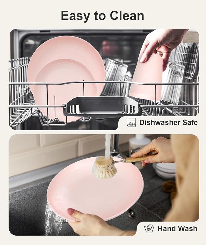 Quatish 16 Piece Plates and Bowls Sets for 4, Unbreakable Dinnerware Sets, Plastic Dish Set for Camping, Dishwasher Microwave Safe, Outdoor Kitchen and Apartment Dorm Dinning RV Essentials, Pink