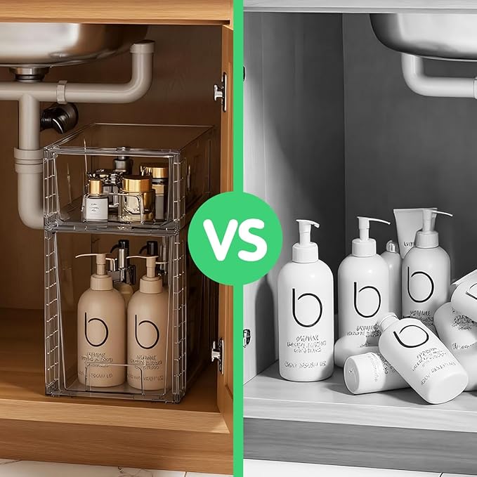 High Clear Stackable Storage Drawers(2 Pack), High-strength Plastic Organizer Bins with Handles for Skincare Bathroom Cabinet Vanity Undersink Kitchen Pantry BPA-Free Storage Containers