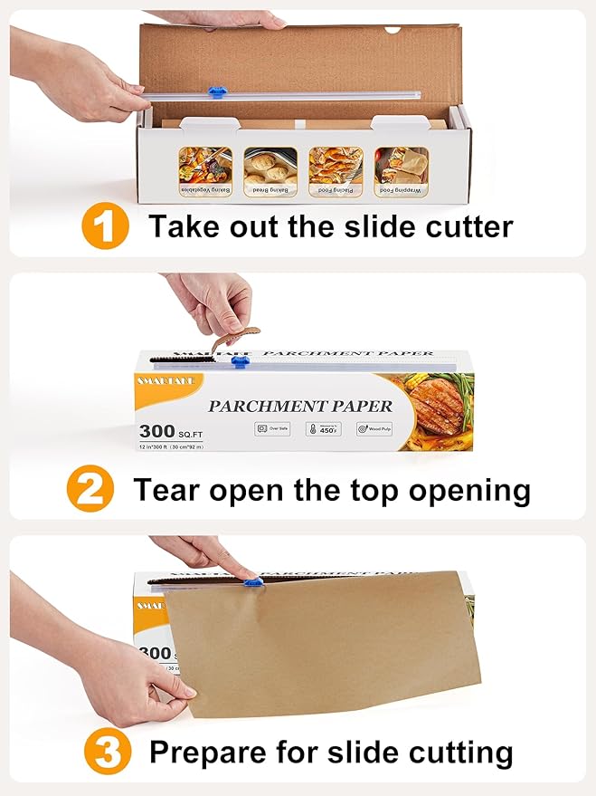 SMARTAKE Parchment Paper Roll for Baking, 2-Pack of 12 in x 300 ft, 600 sq.ft, Non-Stick Baking Paper Sheets with Slide Cutter, Heavy Duty Extra Long, for Kitchen Baking Cooking Grilling, Unbleached