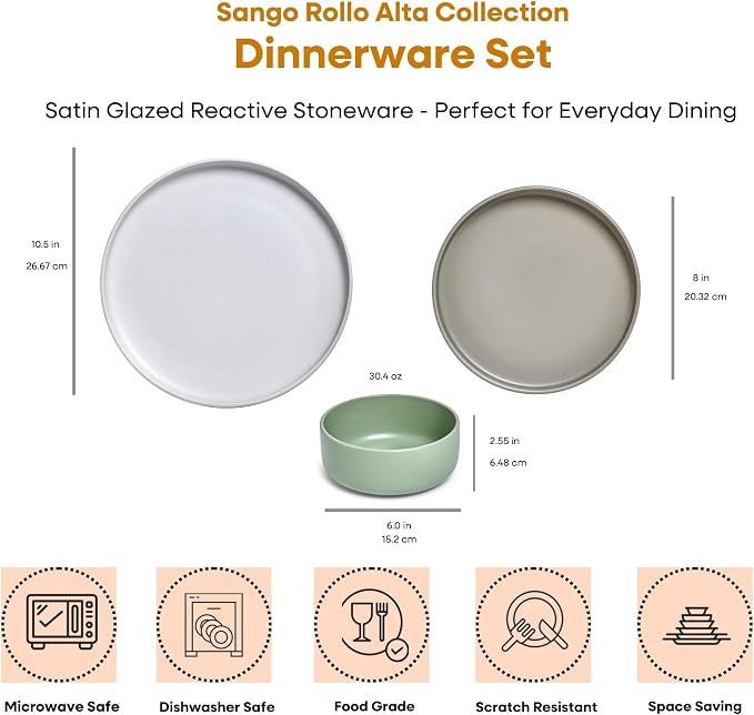 Sango 12-Piece Stoneware Dinnerware Set for 4, Satin Glazed Plates and Bowls Sets with Matte Finish, Ceramic Dish Set, Durable Kitchen Dishes, Microwave & Dishwasher Safe for Casual Dining, Rollo Alta