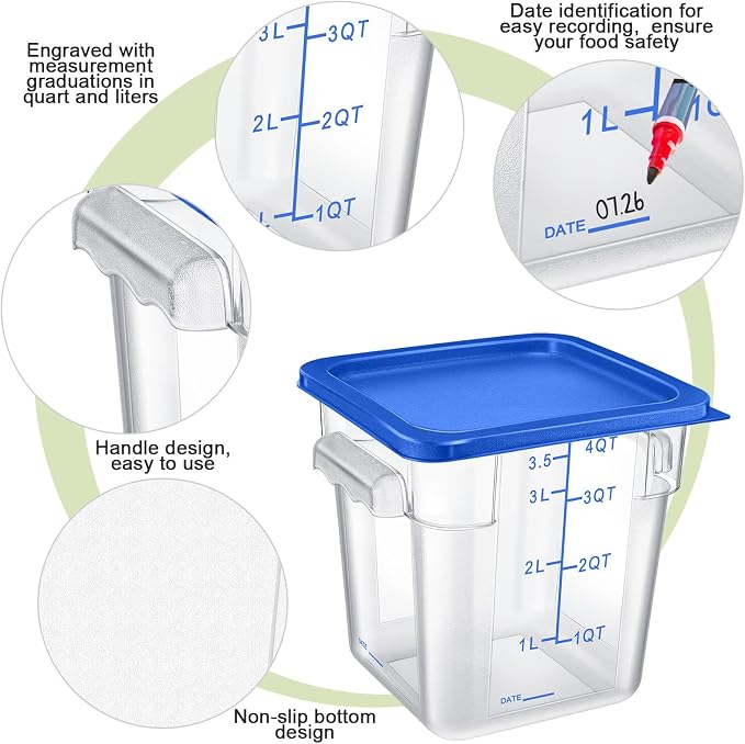 Maxcheck 4 Pcs 4qt Food Storage Container with Lids Bulk Clear Plastic Commercial Food Storage Bins with Scale Handle Space Saving Restaurant Tubs for Kitchen Prep Proof Dough(Multicolor)