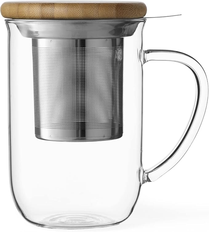 VIVA Minima Balance Glass Infuser Tea Cup - 17 oz / 500 ml Mug with Stainless Steel Infusion Mesh and Bamboo Wood Lid