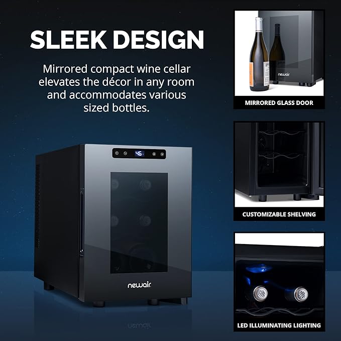 NewAir 10" Wine Fridge for 6 Bottles | Freestanding Wine Cooler Refrigerator with Glass Door | Compact Countertop Storage with Precision Cooling & Quiet Operation | Black