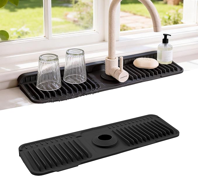 ZJWZLG Faucet Mat for Kitchen Sink, 17.7"X5.5" Silicone Sink Splash Guard with Soap Holder, Snap-On Design & 7°slope Fast Drain, Folding Sink Faucet Mat for Universal Kitchen Bathroom Sink（Black）