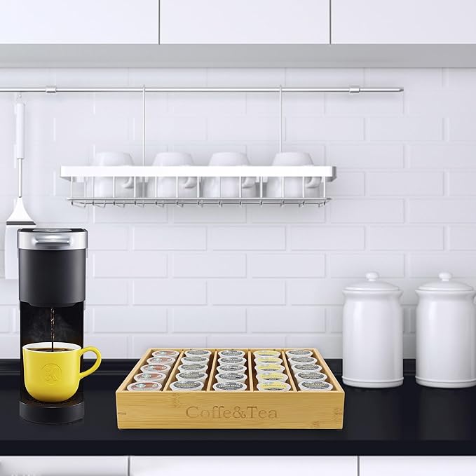 MinBoo Bamboo K Cup Holder for Drawer or Countertop Coffee Pod Holder 25-36 K Cup Pod Storage Tea Bag Organizer Storage for Coffee Station Home Office and Kitchen (Bamboo)