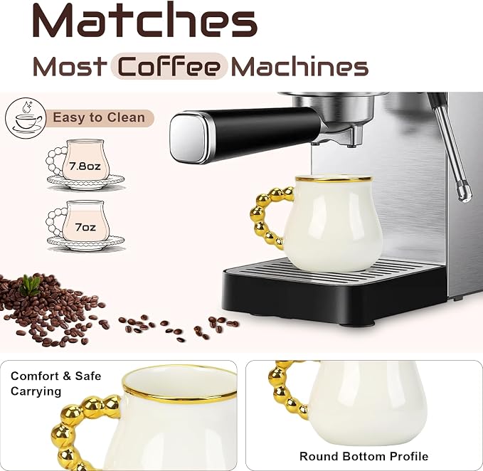 Coffee Cup Set of 6 with Saucers, 8 OZ Ceramic Espresso Cups, Cappuccino Coffee Cup Gift for Double Shot, Latte, Cafe Mocha, Dishwasher & Microwave Safe, Elegant Deco