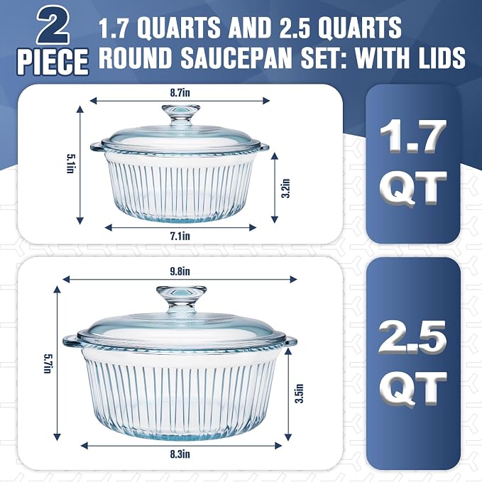 Glass Baking Dishes for Oven, 2 Pack Baking Dish with Lid, Round Casserole Dishes for Oven with Lids, Clear Glass Casserole Dish with Lid Oven Safe for Baking, Cooking, Storage, 1.7Qt and 2.5Qt