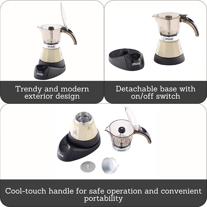 IMUSA 3 or 2 Cup Electric Almond Espresso Maker, Compact Moka Coffee Machine with Keep Warm Function, Detachable Base, Milk Coffee Brewer for Cuban, Italian & Espresso Drinks