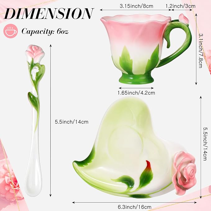 Dandat Ceramic Rose Tea Cups and Saucers with Spoon Rose Flower Shaped Cup and Sauce Set Cute 6oz Tea Cups Flower Mug Mother's Day Grauation Birthday Appreciation Teacher Gifts for Home Office Kitchen