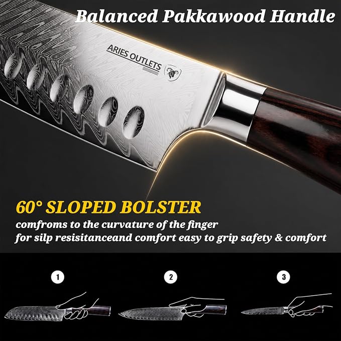 VG10 HPS 3 Piece Japanese Chef Knife Set, Damascus Kitchen Knives with VG10 Steel Core, Essential Chef Knives Set with Pakka Wood Handle for Daily Cooking