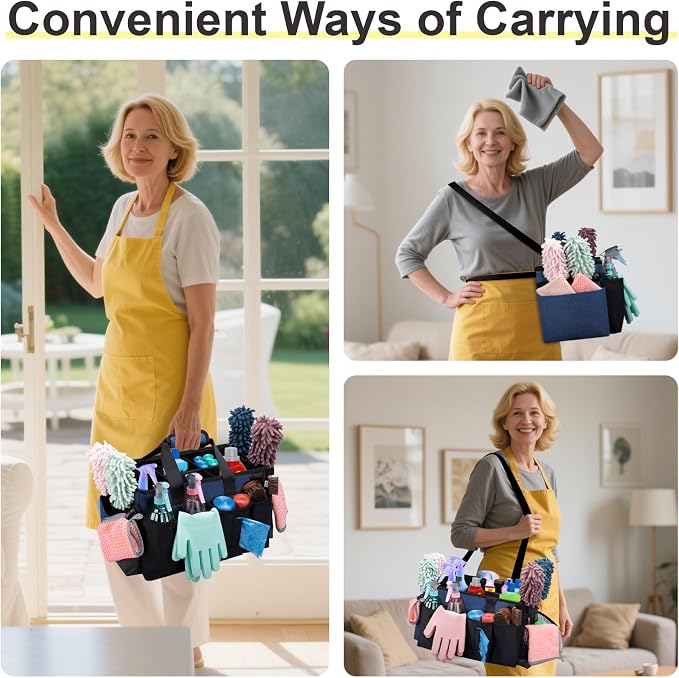 Wearable Large Cleaning Caddy Bag for Housekeeper, Clean Supply Organizer with Adjustable Shoulder, Waist & Handle Straps, Detailing Bag for Kitchen Supplies (Blue)
