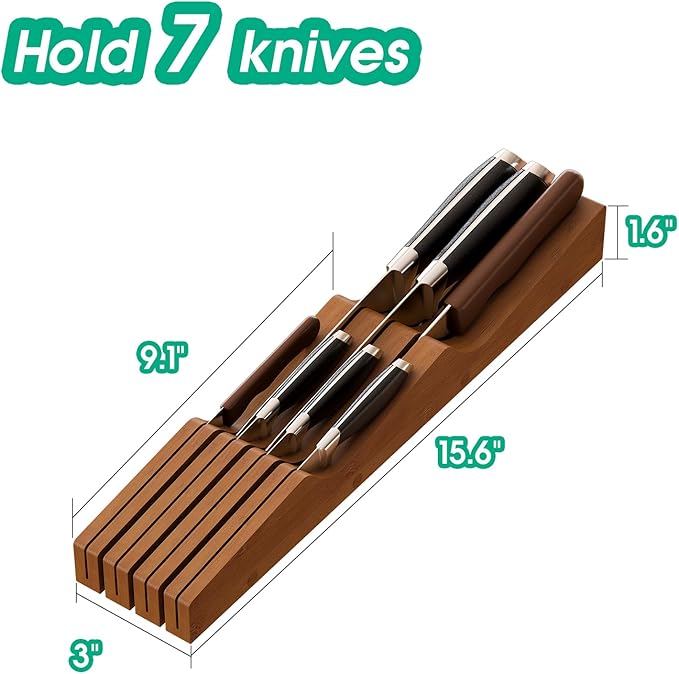 Knife Drawer Organizer, Bamboo Wood Knife Holder, Brown Knife Block Fit for 7 Knives
