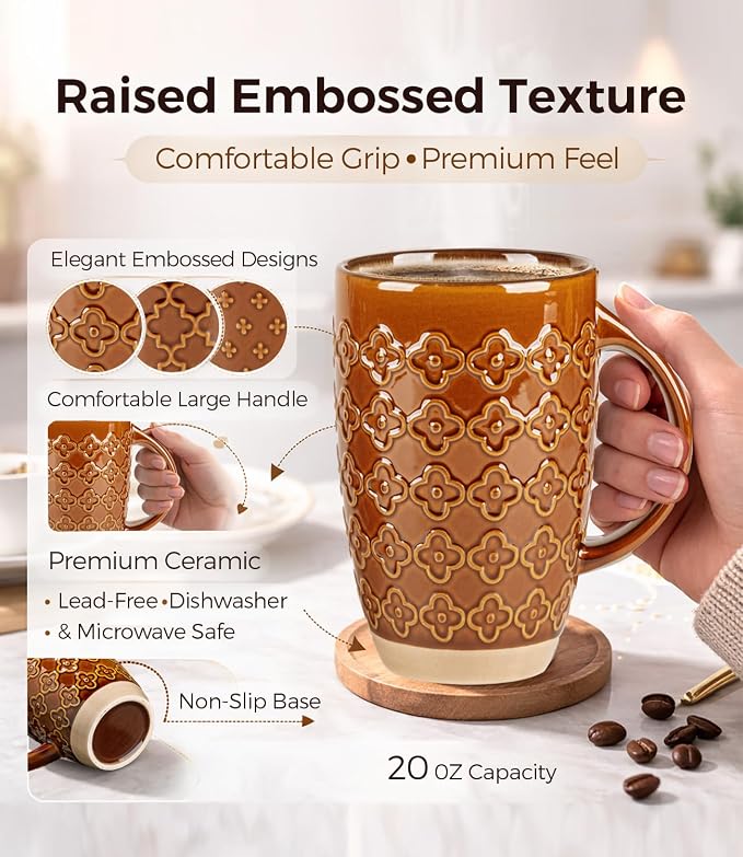 GBhome 20oz Large Coffee Mugs Set of 6, Handmade Tall Ceramic Coffee Mugs with Texture Patterns for Cappuccino, Latte,Hot Cocoa, Dishwasher & Microwave Safe