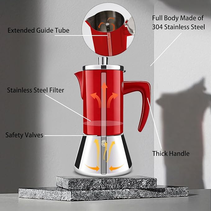 4 Cup Thickened 304 Stainless Steel Moka Pot Stovetop Espresso Maker Cafeteras Italian Percolator Espress Makers Capable Greca Mocha Coffee Machine for Induction Home and Camping 200ml 6.6oz