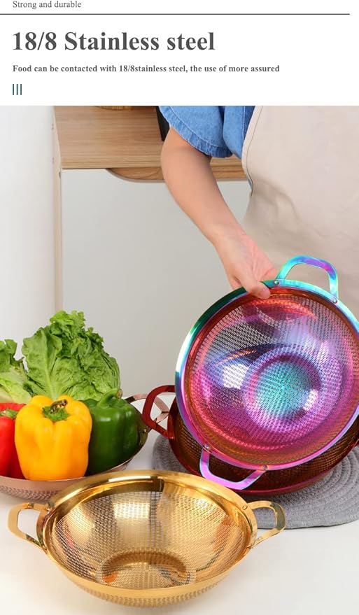 Stainless Steel Colander With Handle and Legs Drain Basket for Pasta, Spaghetti, Berry, Veggies, Fruits, Noodles, Salads, Fruit Colander Strainer Metal Rice Sieve Kitchen Utensils-Rainbow Color
