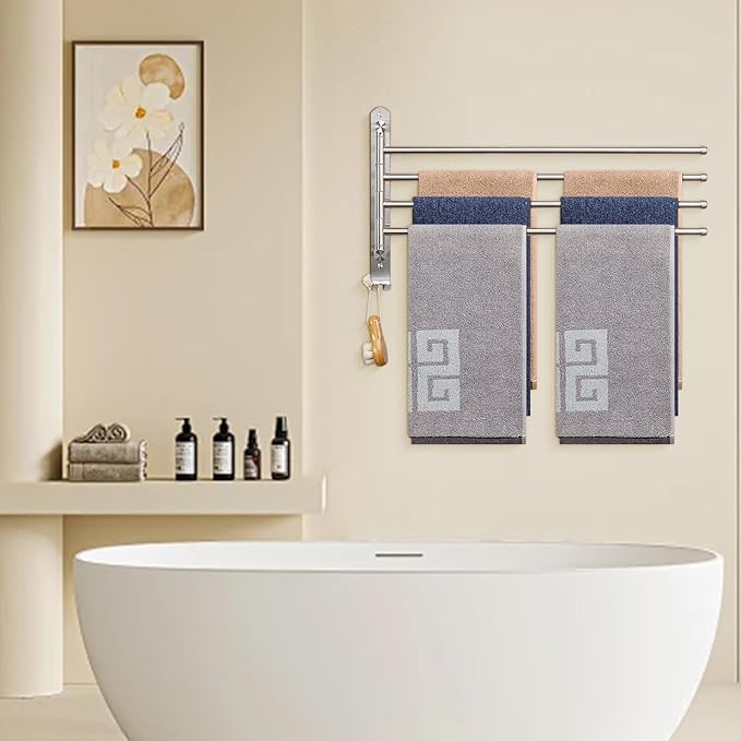 NearMoon Swivel Towel Rack, 19.5" Thicken 304 Stainless Steel 4-Arm Towel Bar, Space Saving Wall Mounted Towel Holder with Hook, Rustproof Swing Out Towel Hanger for Bathroom, Kitchen (Brushed Nickel)
